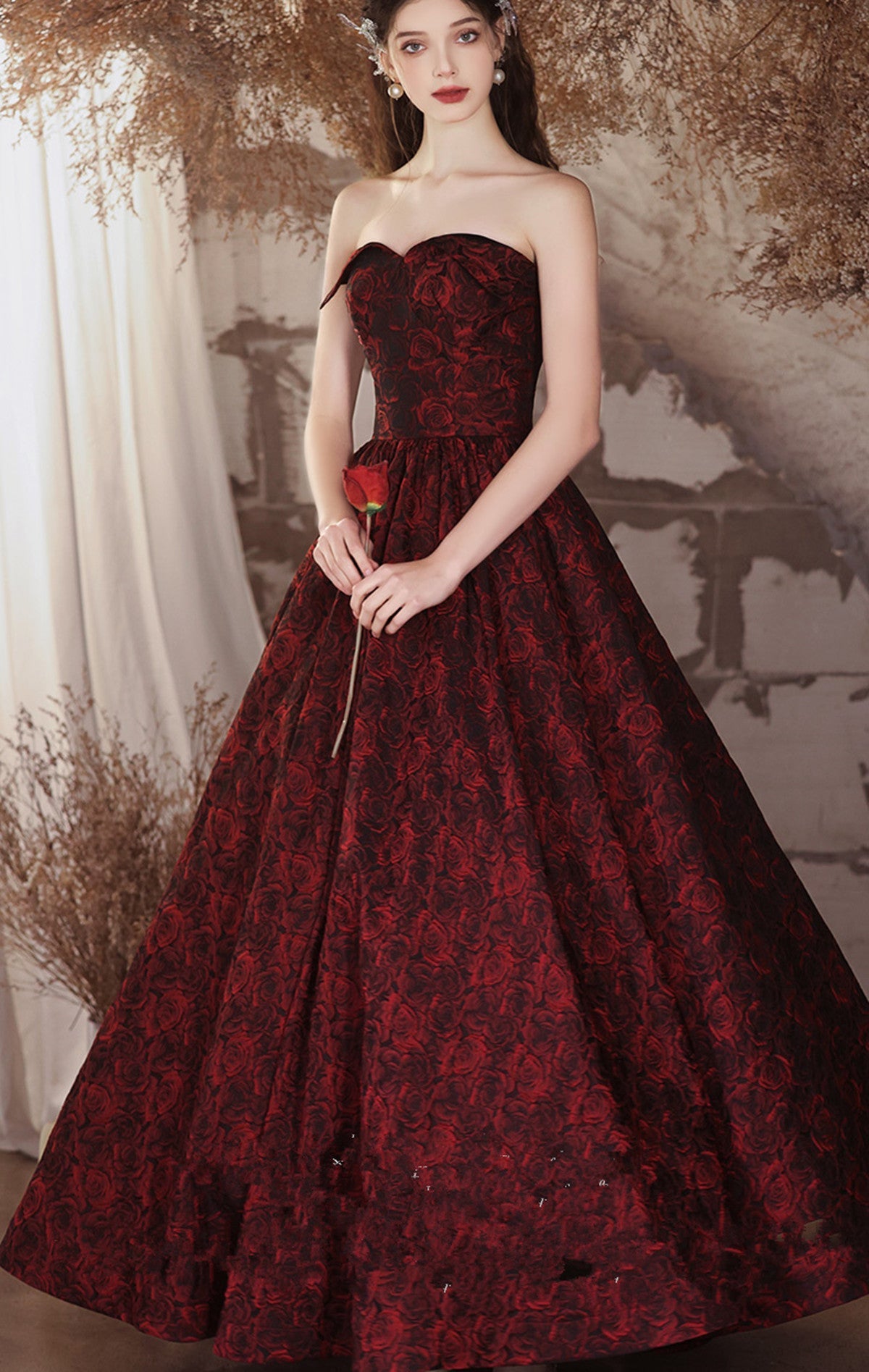 Black and Red Floral Sweetheart Floor Length Party Dress, Long Prom Dress