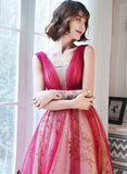 A-line Tulle Lace Long Formal Dress, Red Tulle V-neckline Prom Dress