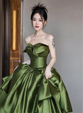 Green Satin Long Off Shoulder Princess Formal Dress, Green Satin Prom Dress