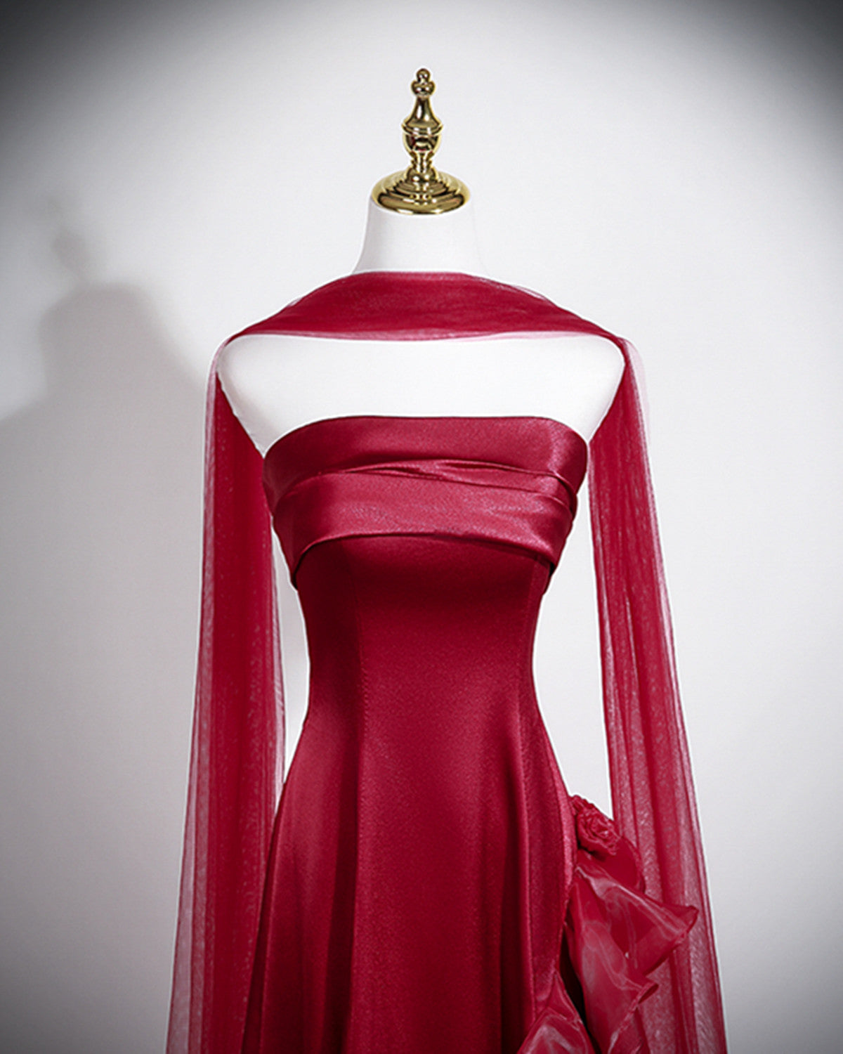 Elegant Strapless Wine Red Evening Gown with Organza Skirt, Wine Red Satin A-line Prom Dress