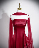 Elegant Strapless Wine Red Evening Gown with Organza Skirt, Wine Red Satin A-line Prom Dress
