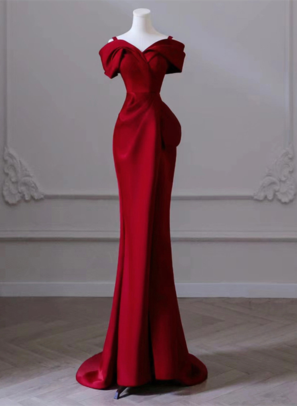 Wine Red Satin Off Shoulder Long Evening Dress, Wine Red Formal Dress Prom Dress