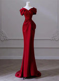 Wine Red Satin Off Shoulder Long Evening Dress, Wine Red Formal Dress Prom Dress