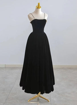 Black Velvet Straps Tea Length Party Dress, Black Velvet Homecoming Dress