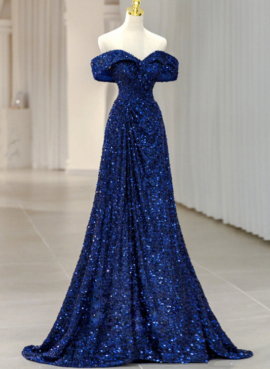 Blue Sequins Sweetheart Off Shoulder Evening Dress, A-Line Blue Long Party Dress Prom Dress