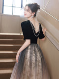 Black V-neckline Velvet Top and Tulle Long Party Dress, Black A-line Evening Dress Prom Dress