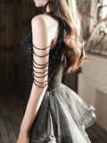 Black Halter Sequins Long Formal Dress, A-lne Black Floor Length Prom Dress