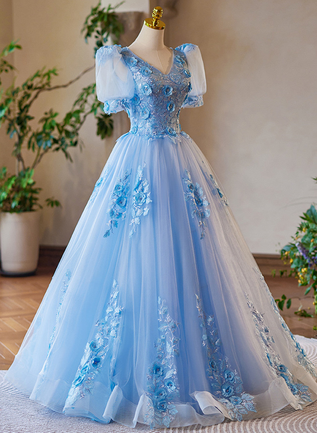 A-Line Light Blue Tulle With Lace Short Sleeves Prom Dress, Tulle Sweet 16 Dress