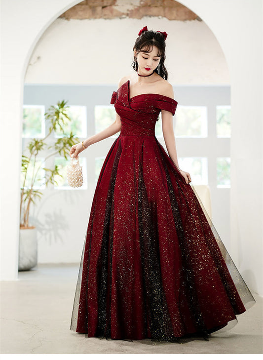 Chic Red and Black Off Shoulder Satin Evening Dress, Red and Black Long Prom Dress