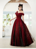 Chic Red and Black Off Shoulder Satin Evening Dress, Red and Black Long Prom Dress