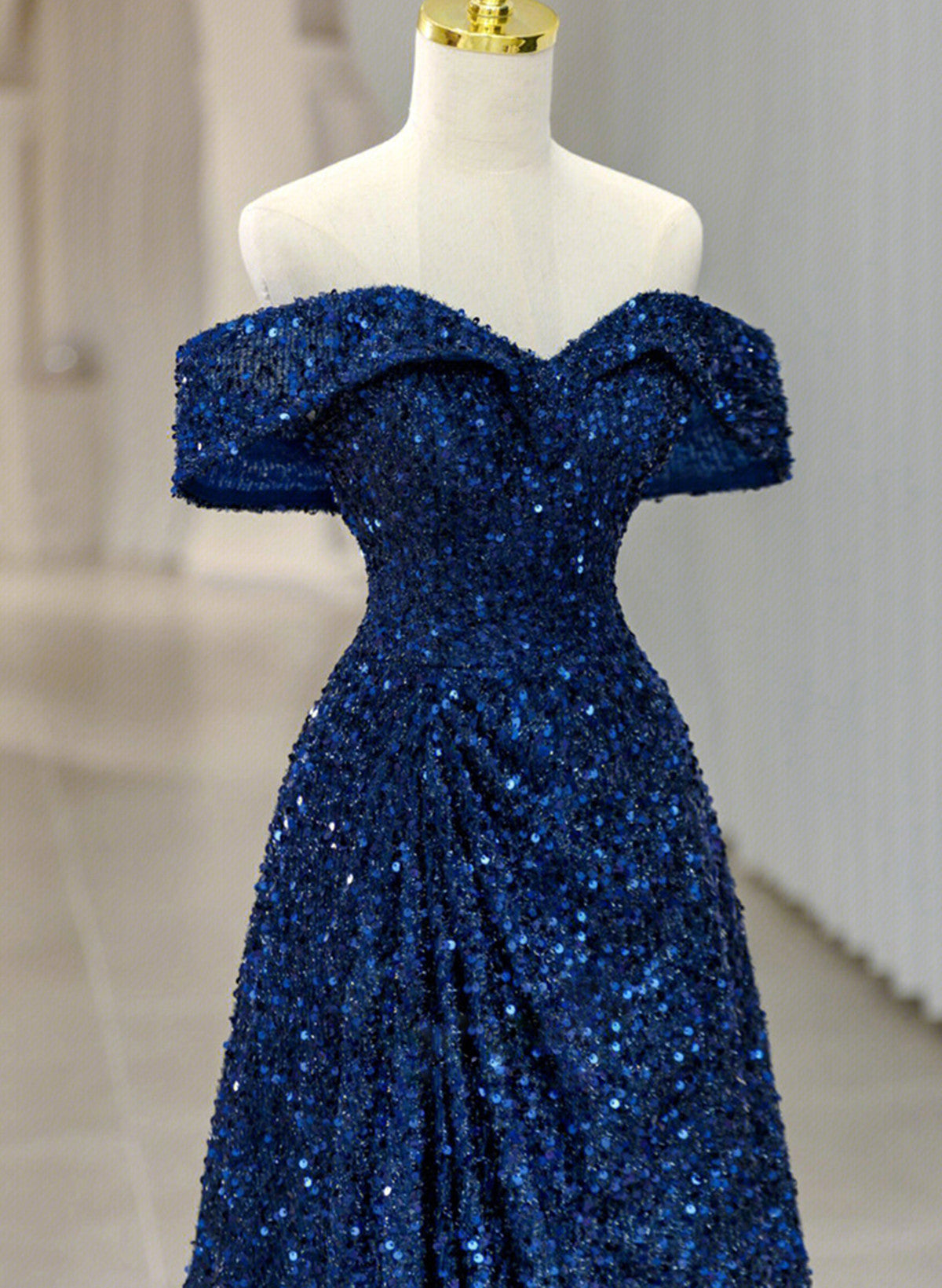 Blue Sequins Sweetheart Off Shoulder Evening Dress, A-Line Blue Long Party Dress Prom Dress