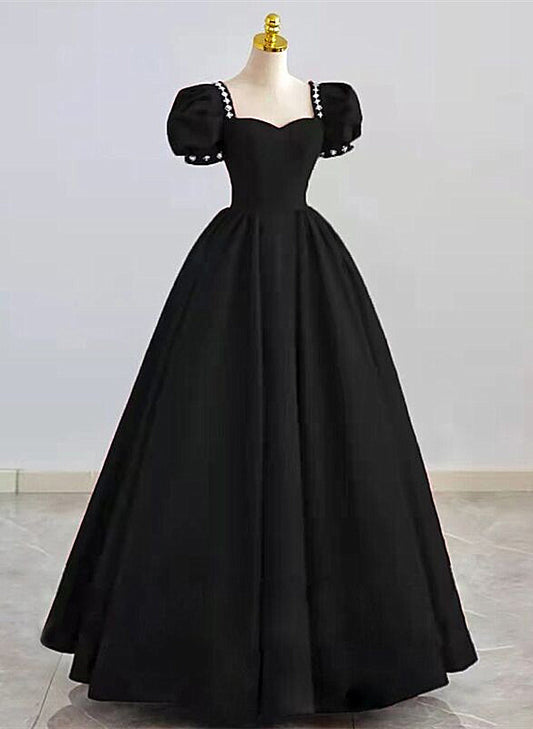 Simple Pretty Black Satin Short Sleeves Beaded Party Dress, Black Long Evening Dress