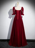 Wine Red A-line Velvet Long Bridesmaid Dress, Wine Red Long Prom Dress