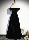 Simple Black Sweetheart Off Shoulder Long Velvet Prom Dress, Black Evening Dress