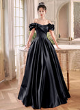 Black Satin Off Shoulder Long Formal Dress, Black Party Dress Evening Dress