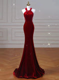 Wine Red Velvet Mermaid Halter Long Evening Dress, Wine Red Velvet Party Dress