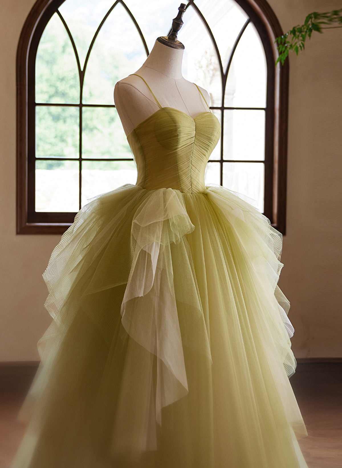 Green Sweetheart Straps Tulle Long Party Dress, Green Tulle Prom Dress