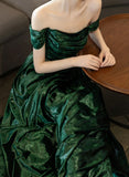 A-line Green Off Shoulder Simple Evening Dress, Green Long Prom Dress