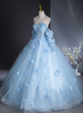 Cute Blue Tulle With Flowers Long Formal Dress, Blue Evening Gown Sweet 16 Dress