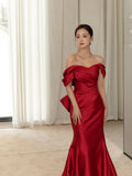 Wine Red Satin Mermaid Long Party Dress with Bow, Wine Red Off Shoulder Prom Dress