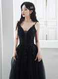 Black Tulle V-Neckline Straps Long Party Dress, Black Beaded Tulle Prom Dress