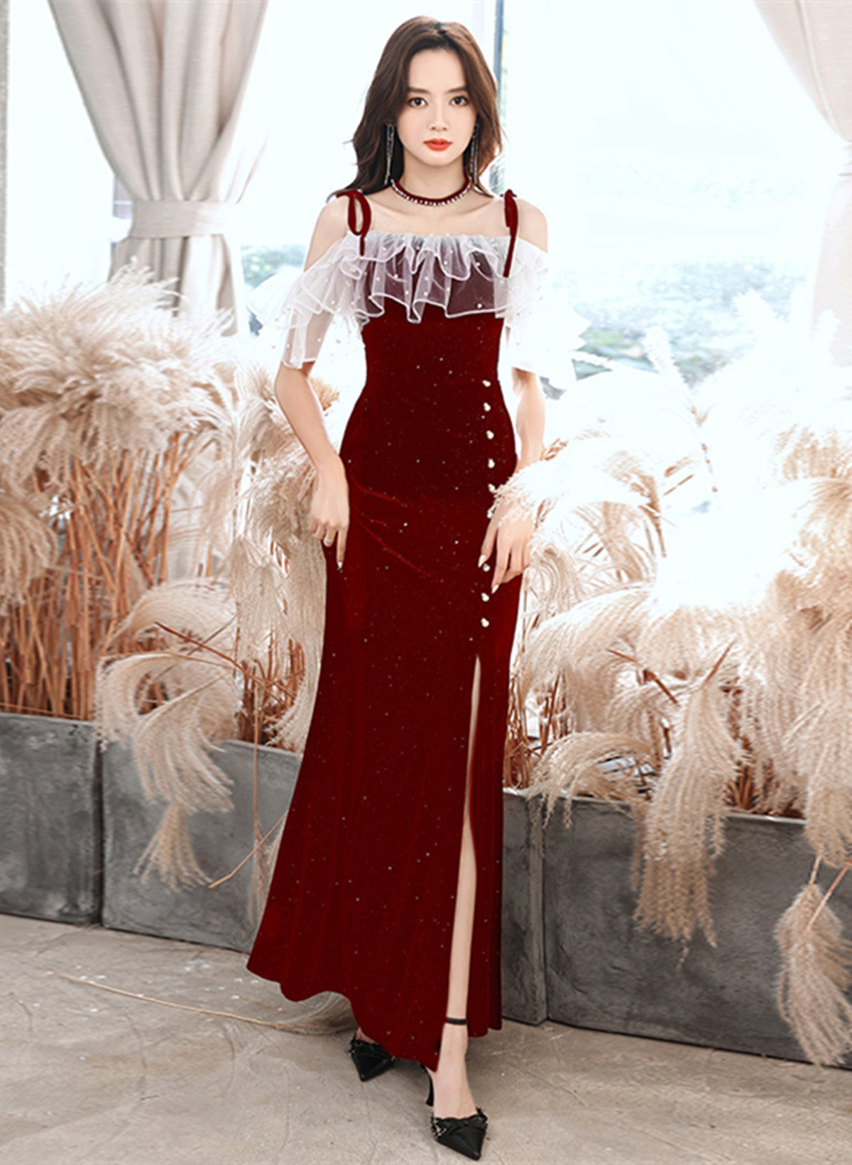 Dark Red Velvet Strapes Long Party Dress With Leg Slit, Dark Red Prom Dress