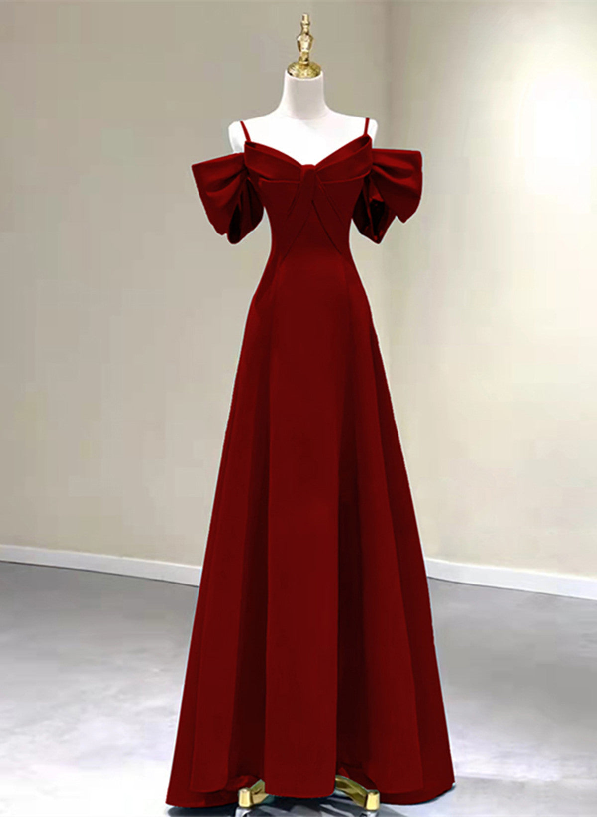 Off Shoulder Wine Red Satin Long Party Dress, A-line Wine Red Prom Dress