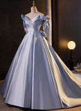 Blue Satin Off Shoulder Long Evening Dress Formal Dress, Blue Satin Prom Dress