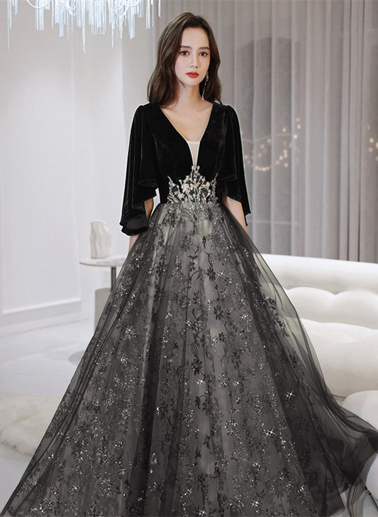 Black Tulle and Velvet Chic Long A-line Prom Dress, Black Formal Dress