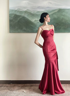 Beautiful Wine Red Satin Straps Long Evening Dress Prom Dress, Wine Red Party Dress