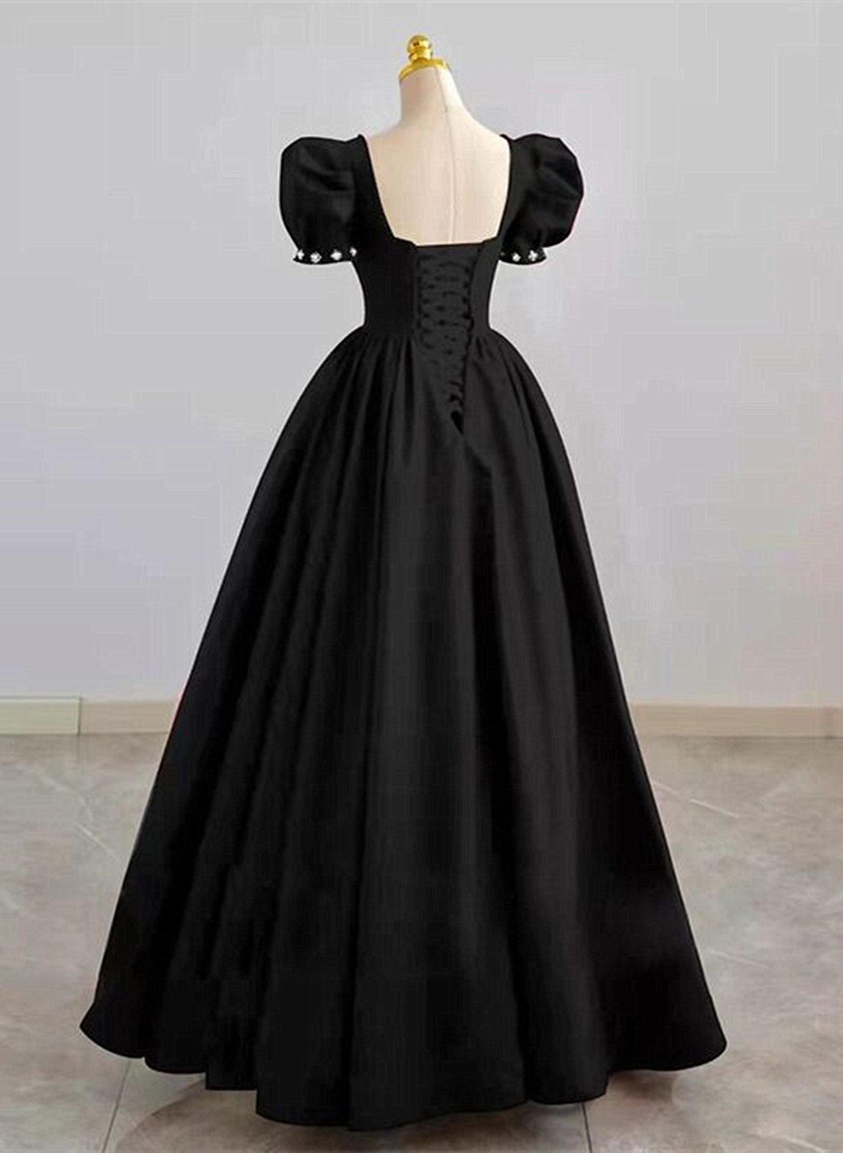 Simple Pretty Black Satin Short Sleeves Beaded Party Dress, Black Long Evening Dress