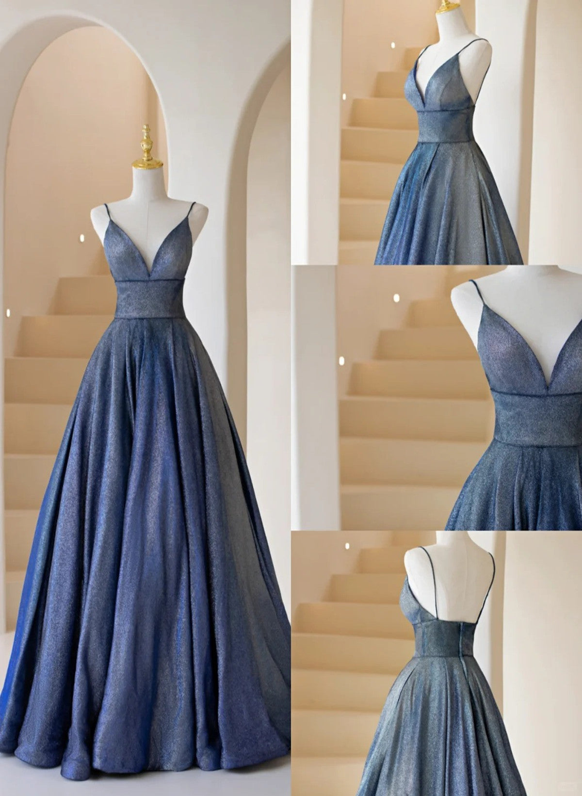 A-line Blue Straps V-neckline Long Prom Dress, Blue A-line Evening Dress