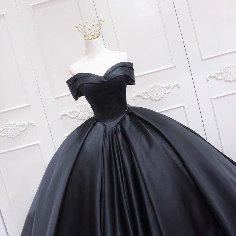 Black Satin Ball Gown Sweetheart Long Formal Dress, Black Sweet 16 Dress