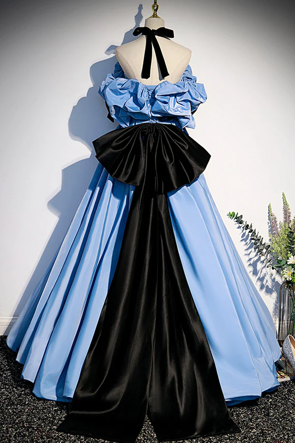 Blue Satin Off Shoulder with Bow Long Party Dress, Blue Satin Prom Dress Evening Dress