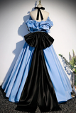 Blue Satin Off Shoulder with Bow Long Party Dress, Blue Satin Prom Dress Evening Dress