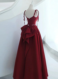 Wine Red Satin Straps Long Evening Dress, Wine Red Long Prom Dress