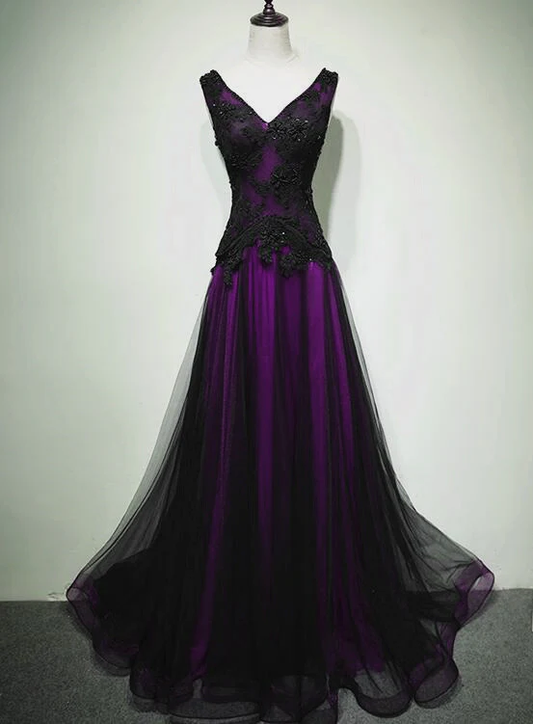 Black And Purple Tulle V-Neckline Beaded Prom Dress, Long Tulle Formal Dress Evening Dress