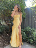 Light Yellow Satin A-line Simple Party Dress, Light Yellow Satin Prom Dress Evening Dress