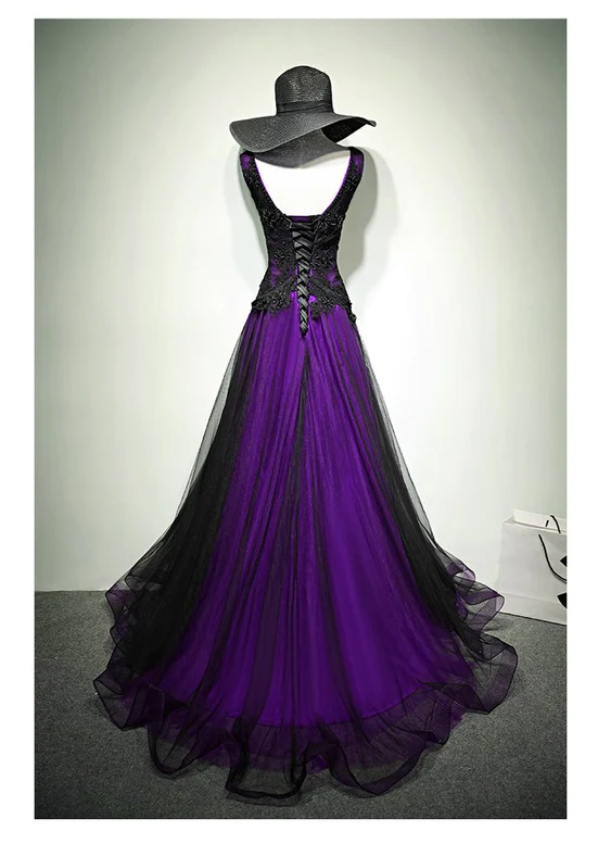 Black And Purple Tulle V-Neckline Beaded Prom Dress, Long Tulle Formal – Formaldressy