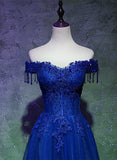 Lovely Blue Tulle with Lace and Beadings Long Party Dress, Blue Long Formal Dress