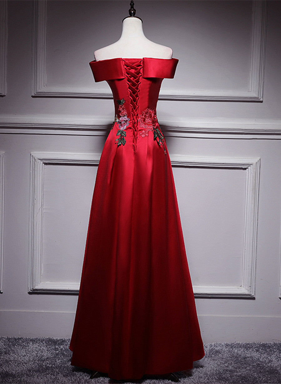 Red Simple Satin Off Shoulder Long Party Dress, A-line Floor Length Red Satin Prom Dress