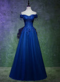 Lovely Blue Tulle with Lace and Beadings Long Party Dress, Blue Long Formal Dress