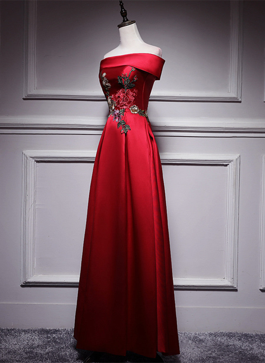 Red Simple Satin Off Shoulder Long Party Dress, A-line Floor Length Red Satin Prom Dress