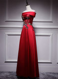 Red Simple Satin Off Shoulder Long Party Dress, A-line Floor Length Red Satin Prom Dress