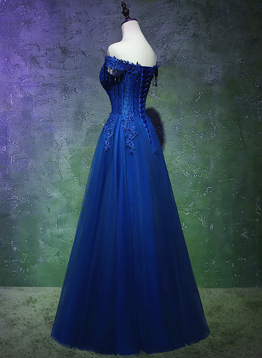 Lovely Blue Tulle with Lace and Beadings Long Party Dress, Blue Long Formal Dress