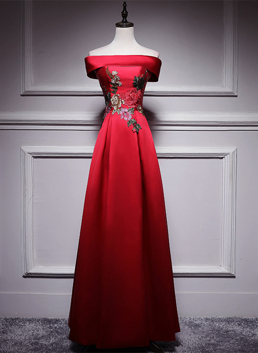 Red Simple Satin Off Shoulder Long Party Dress, A-line Floor Length Red Satin Prom Dress