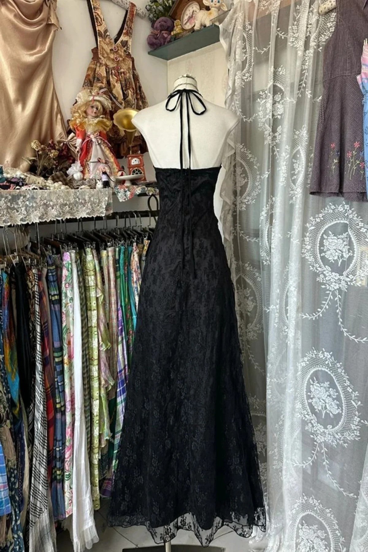 A-line Black Lace Halter V-neckline Party Dress, Black Lace Evening Dress Prom Dress