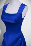 Royal Blue Satin A-line Simple Long Party Dress, Royal Blue Satin Floor Length Prom Dress