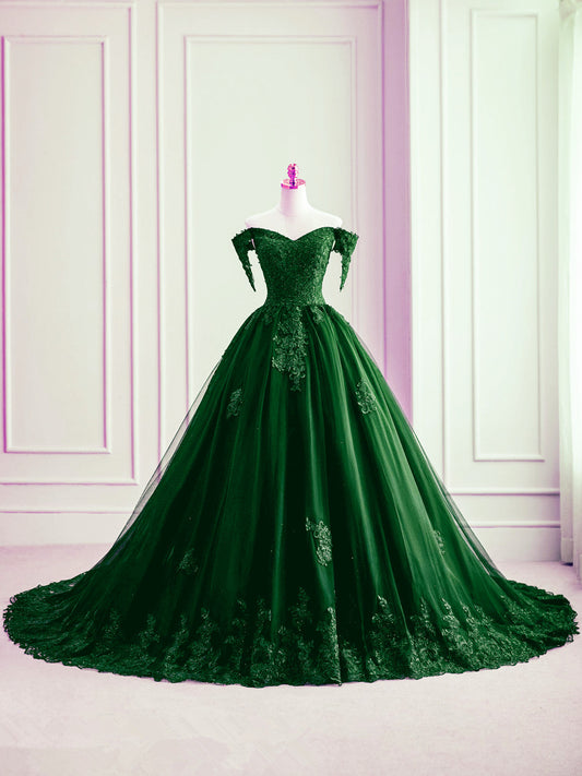 Dark Green Off Shoulder Tulle with Lace Sweet 16 Dress, Dark Green Formal Gowns