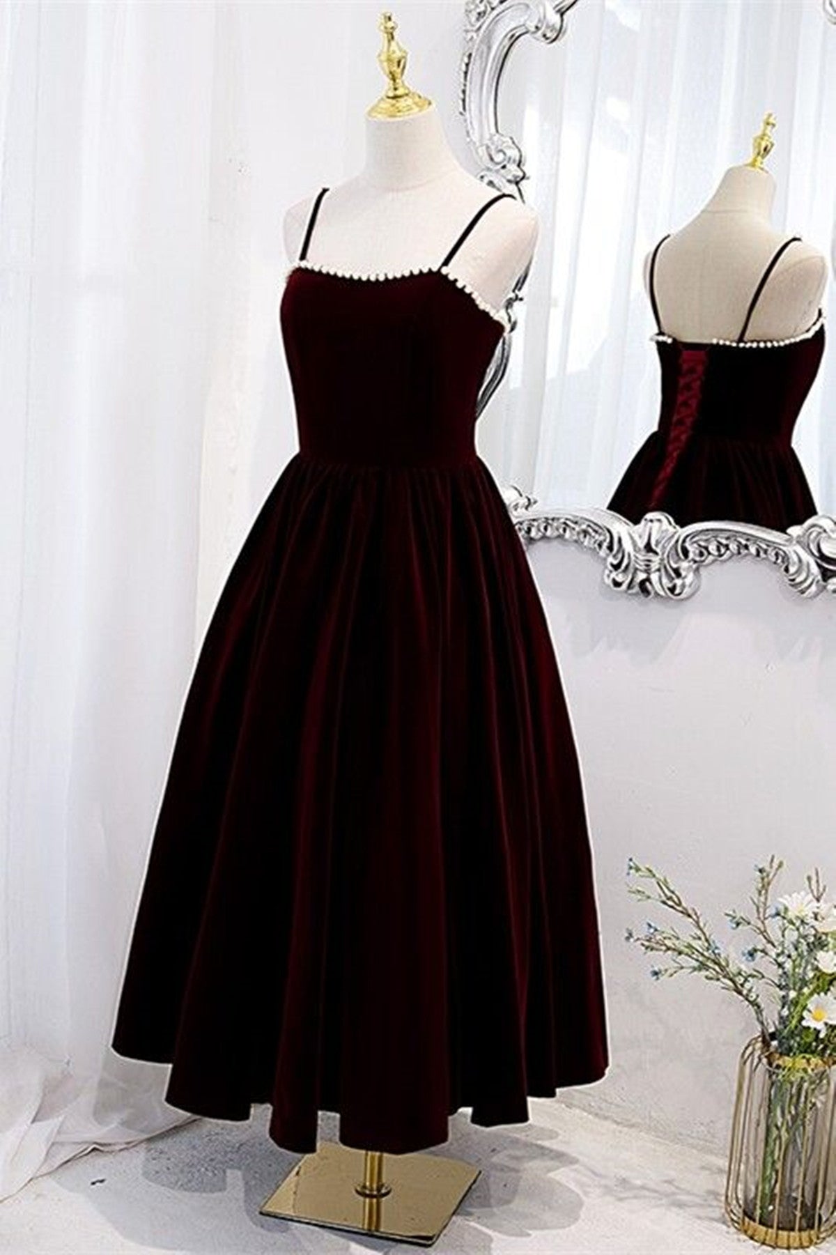 Wine Red Velvet Tea Length Party Dress, Wine Red Straps Homecoming Dress